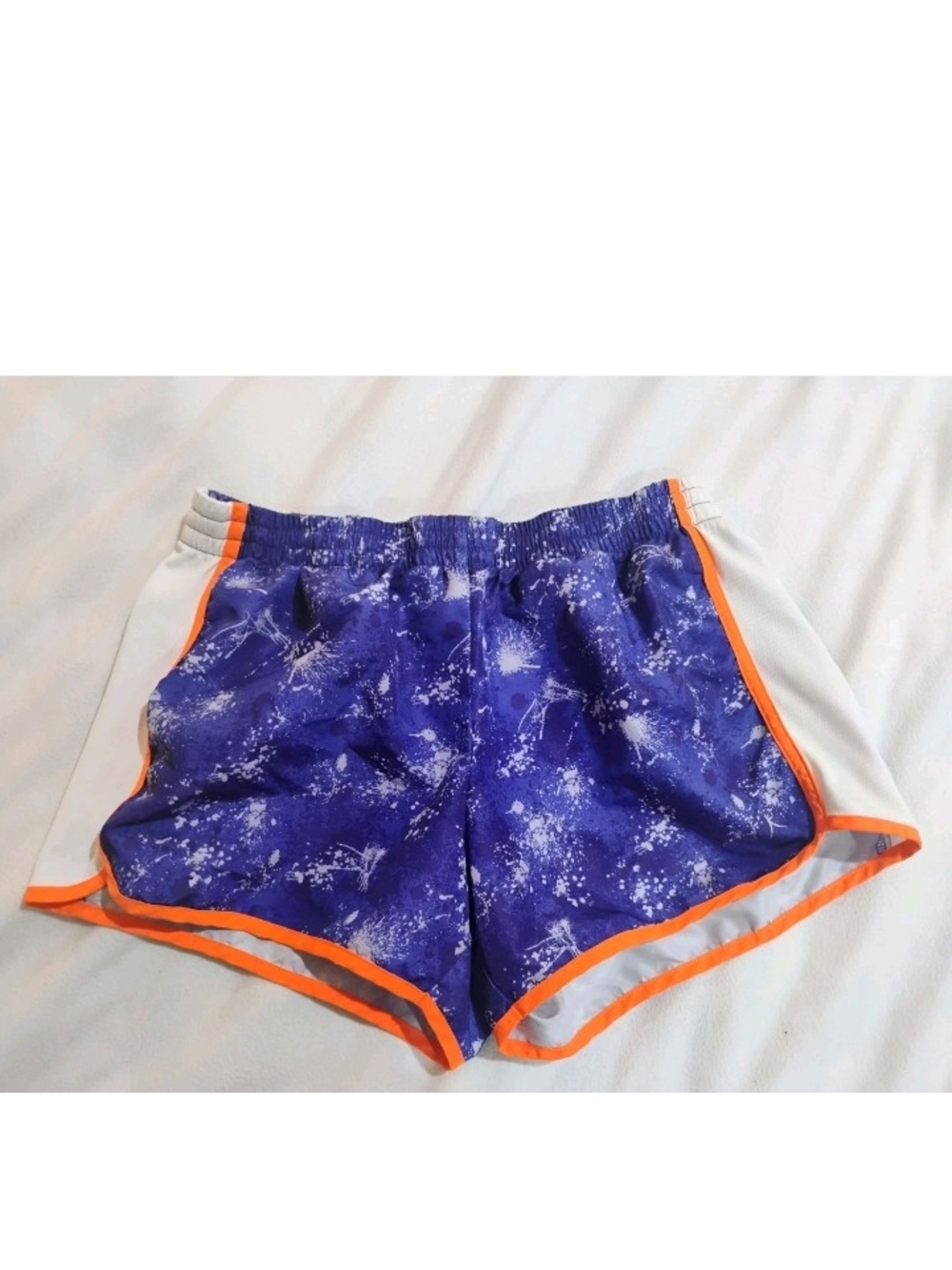 Danskin Now Purple Print Athletic Shorts with Orange Trim and White Panels